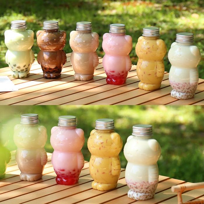 350/500ml Transparent Disposable Bottle Cat Shaped PET Juice Flask With Sealed Cap Lovely Portable C