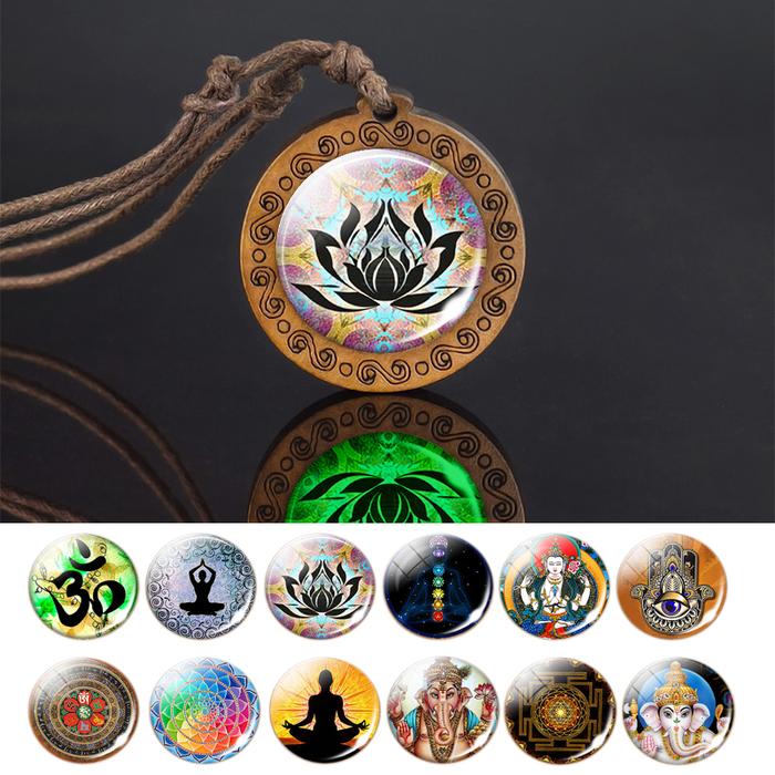 Buddhism Lotus Wooden Necklace India Om Symbol Yoga Flower of Life Mandala Vintage Collares Luminous