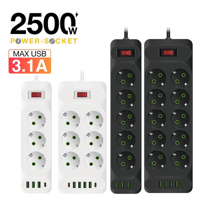 EU Plug Power Strip AC Outlet Multitap Extension Cord Electrical Socket With 4 USB Ports Fast Charge