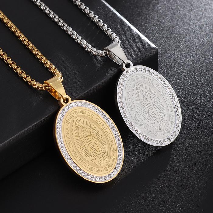 Classic Oval Virgin Mary Stainless Steel Necklace Men Ladies Pendant Guadalupe Round Medal Necklace