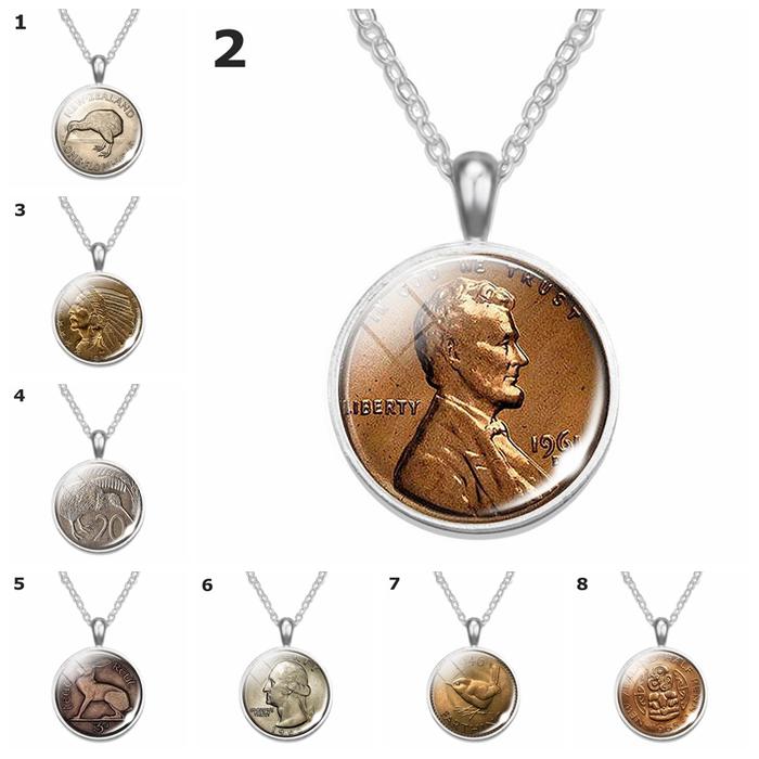 Antique Coins Pendant Necklace Glass Dome Vintage Florin Bird Coin Lincoln Penny Image Coin Necklace