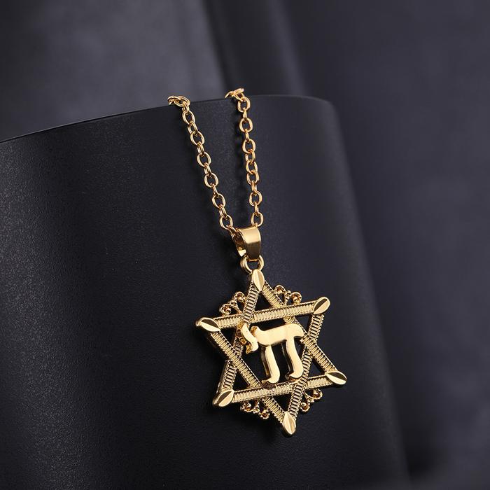 Lemegeton chai Pendant Necklace Men David Star Necklace Gold Color Chain Necklace Religious Symbols
