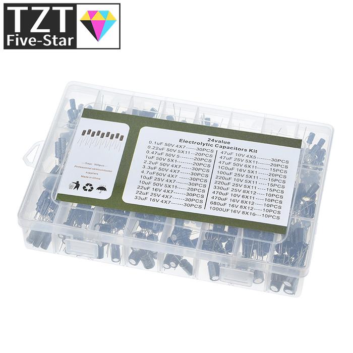 500Pcs/lot 0.1UF-1000UF 24Values Aluminum Electrolytic Capacitors 16-50V mix Electrolytic capacitor 