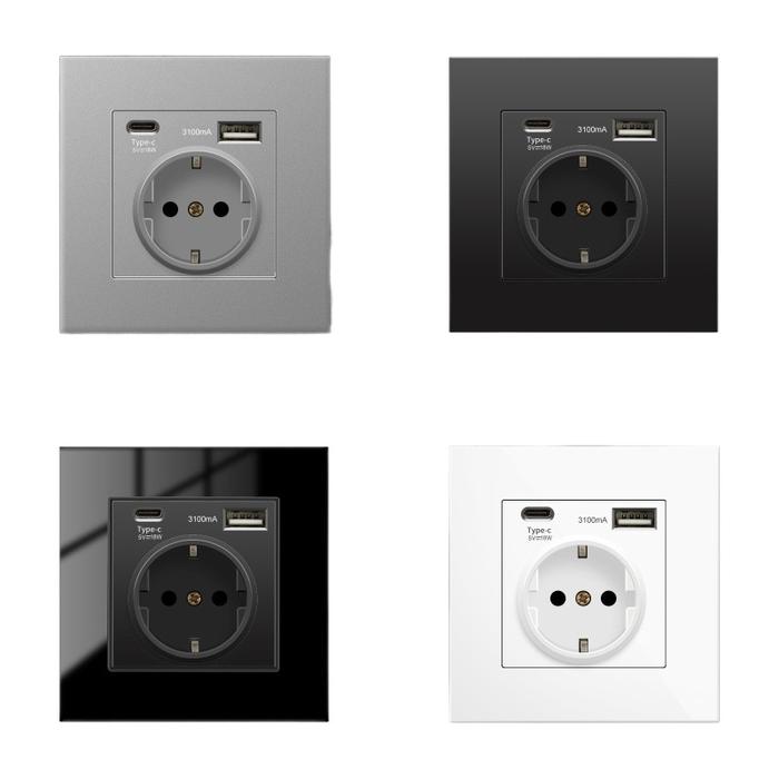 3.1A18WWall Crystal Glass Plate EU Standard Power Socket Plug Standard Grounding, 16a European Stand
