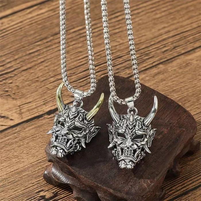 Fashionable Golden Horn Prajna Ghost Warrior Mask Pendant Stainless Steel Necklace For Boys And Girl