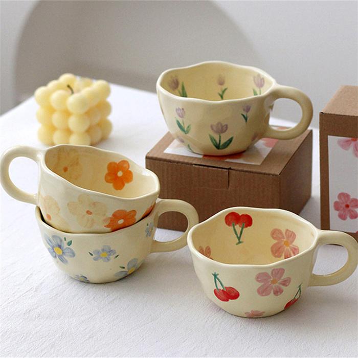 Ceramic Mugs Coffee Cups Hand Pinched Irregular Flower Milk Tea Cup ins korean style Oatmeal Breakfa