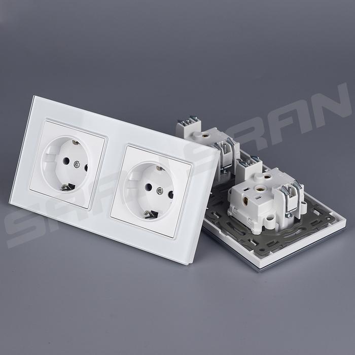 VISWE EU Electrical sockets 220V 16A Standard Grounding 153*82mm Tempered Glass Panel 2 Gang Russia