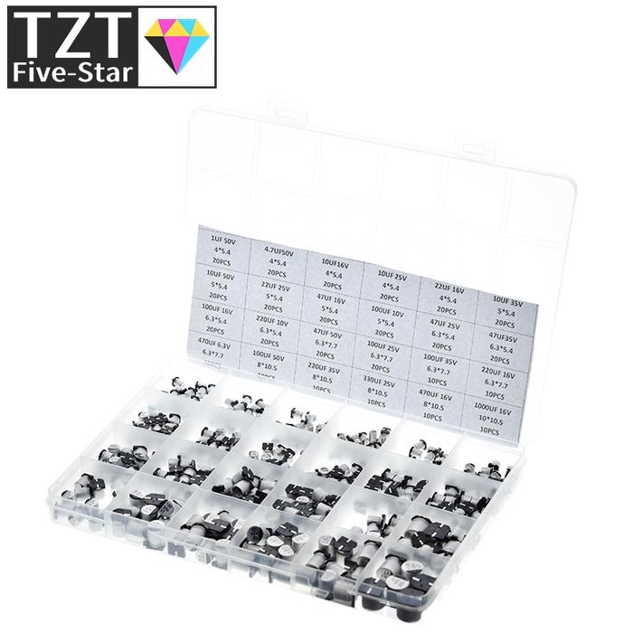 1uF~1000uF 6.3V-50V 400Pcs 24Value SMD Aluminum Electrolytic Capacitors Assortment Kit+ Box