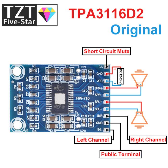 TZT DC 12V-24V 2x50W Dual Channel Mini Digital Amplifier D Class 50W+50W TPA3116D2 XH-M562 Amplifier