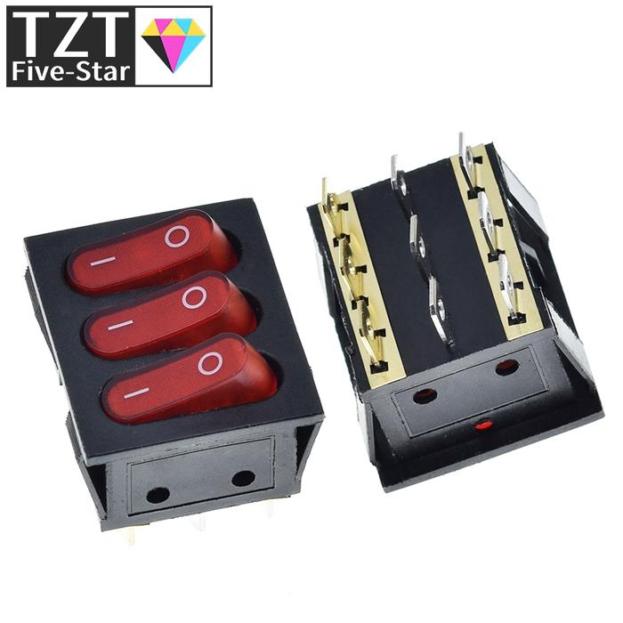 1PCS On-Off KCD3 9Pin Red 16A/250V AC Light Boat Car Rocker Switch KCD3 Triple Light Switch Button K
