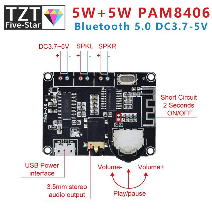 TZT 5W+5W PAM8406 Bluetooth 5.0 DC3.7-5V stereo audio power amplifier module XY-P5W for Arduino diy