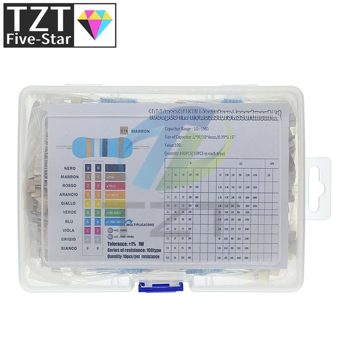 1000Pcs 100Values Each 10Pcs Metal Film Resistor 1% 1W Assorted Kit (1 ohm~ 1M ohm Capacitor Range )