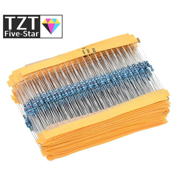 TZT 100pcs  1/4W 1R~22M 1% Metal film resistor 100R 220R 1K 1.5K 2.2K  4.7K 10K 22K 47K 100K 100 220
