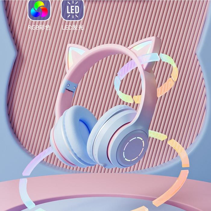 Bluetooth Wireless Headphones Cat Ear Glow Light Stereo Bass Helmets Children Gamer Girl Gifts PC Ph