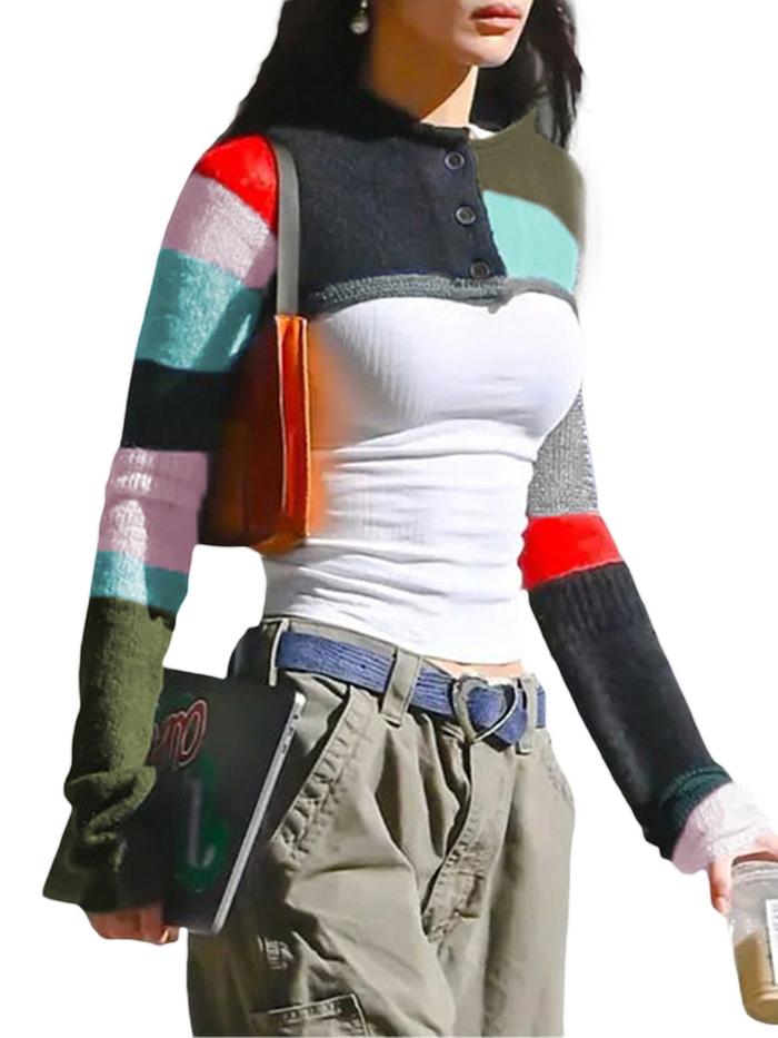 Womens Y2K Knitted Crop Tops Shrugs Patchwork Crochet Hollow Out Long Sleeve Off-Shoulder Loose Swea