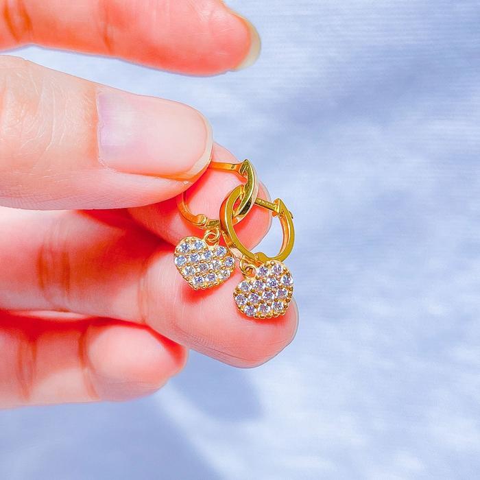 Anting jepit anak dan dewasa emas asli kadar 700 70 16k gantung love permata penuh giwang kerabu kli