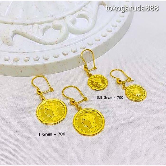 anting anak dan dewasa emas asli kadar 700 70% 16k 22 gold koin paun paon pawon bulat gantung tanpa