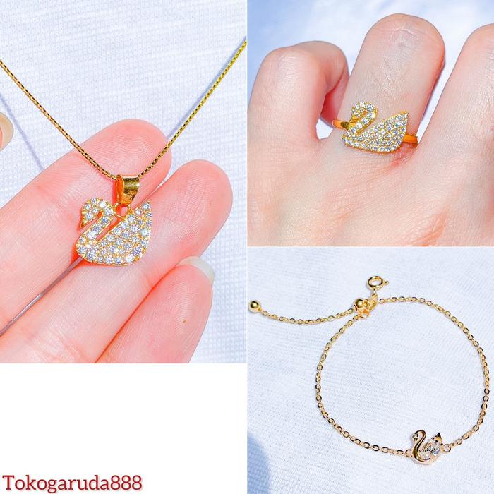 Swarovsk set anak dan dewasa emas asli kadar 700 70 16k swan angsa branded swarovskii cincin liontin