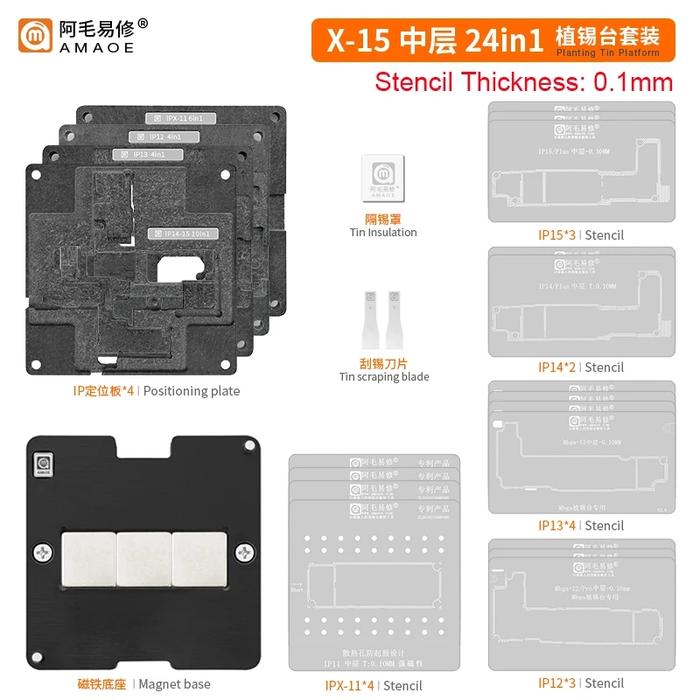 Amaoe-BGA Stencil Fixture for iPhone X-15Pro MAX Motherboard, Middle Frame Soldering Repair Tin Temp