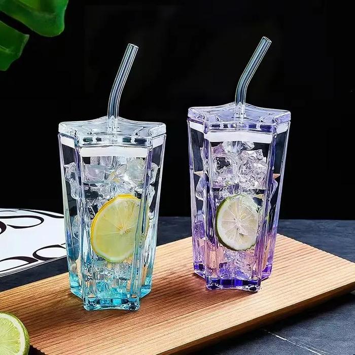 300ml Straw Tumbler Glass Star Drinking Cups with Straw Pentagonal Coffee Milk Juice Glass Plastic L
