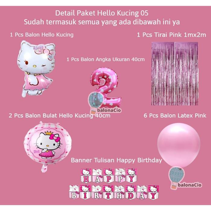 PAKET SET ULANG TAHUN HELLO KUCING 05 / Set Happy Birthday / Dekorasi Ulang Tahun Karakter
