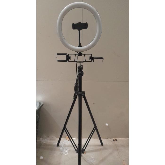 Paket Tripod 200 cm + 2 Holder HP Lampu Ring Light 26 cm Selfie Vlog