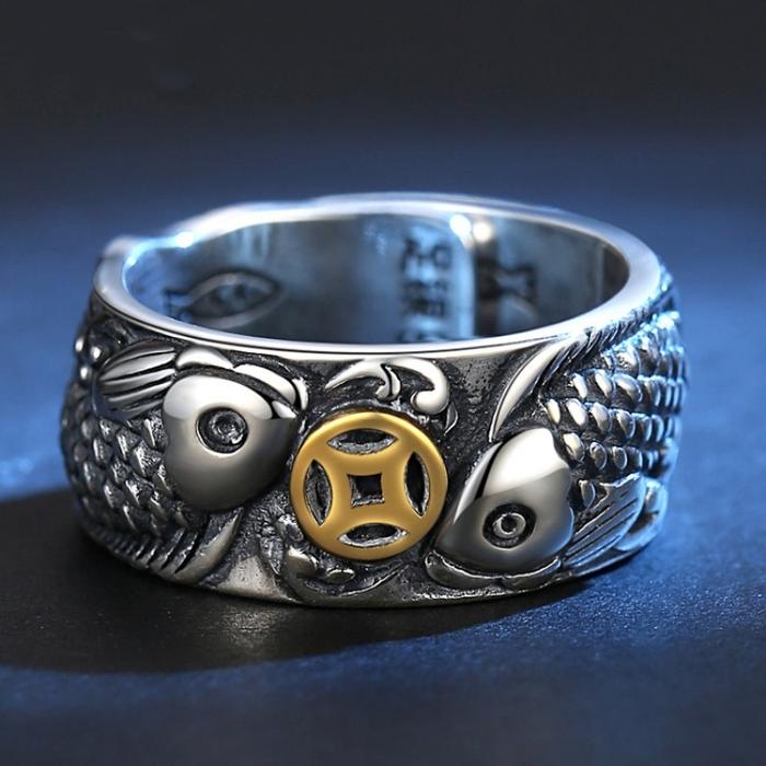 Cincin Ikan Koi Koin / Cincin Koin Kuno Motif Ikan Naga Silver Gold Perak Sterling Ukuran Adjustable