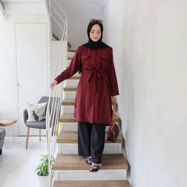Baju Long Dress Tunik Wanita Sleting Polos Muslim Premium Kekinian Terbaru 2022 By Azka Collection