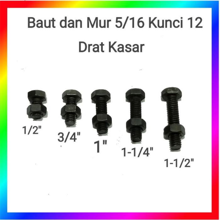 Baut dan mur 5/16" inci hitam kepala kunci 12 drat kasar