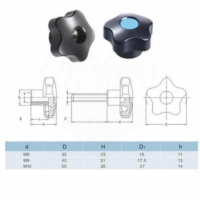 Female thread screw - baut kepala - Handle knob star M6 - M8 - M10 - mur bintang M6x32mm - M8x40mm -