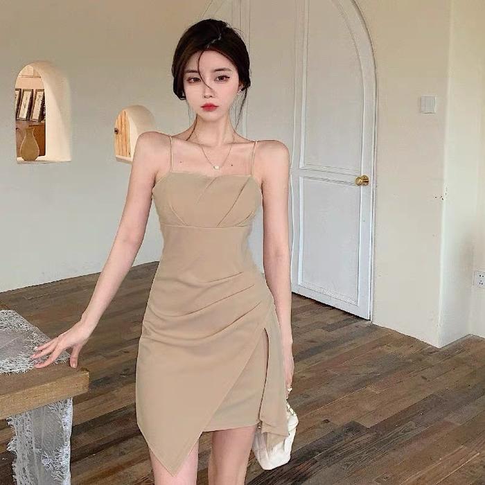 1319 beige dress Gaun bertali mini seksi pantai prom big size Elegant Pas Body iner dress tanpa leng