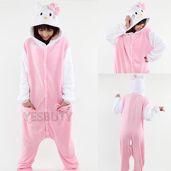 Hello Kitty Cat Onesie Cosplay Costume Kigurumi Flannel Zipper Pajamas Anime Jumpsuit Sleepwear Home