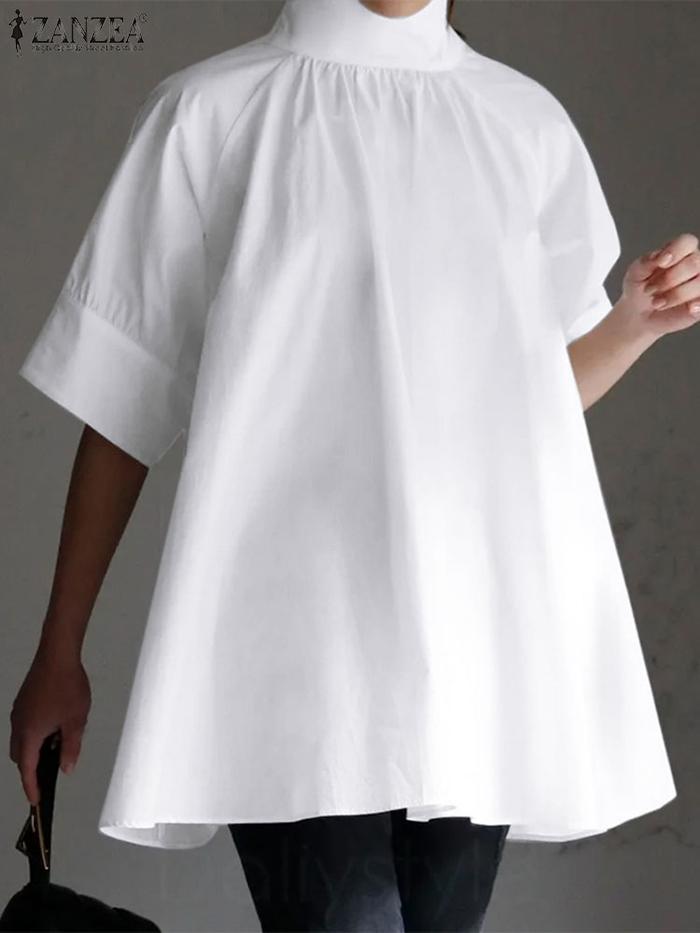 Fashion Solid Pleated Blouse ZANZEA Oversize Shirt Women Elegant