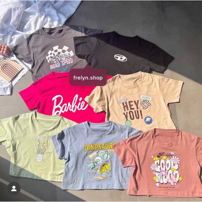 Ready Frelyn Crop Top Motif Baju Kaos Crop Tee Tshirt Kaos Korea Wanita Sage Bee Dusty Rose Blue Dar