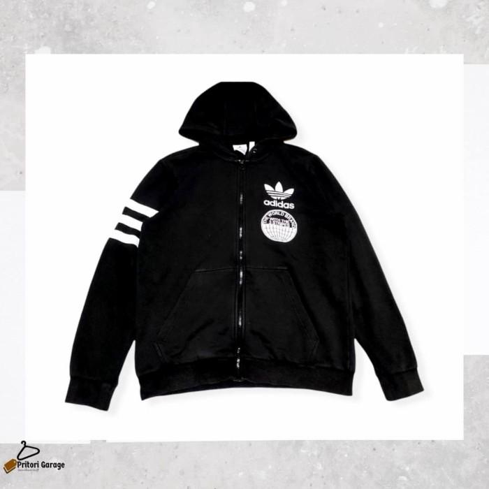 Zipper Hoodie Jacket Adidas Trifoil Big Logo Print Black Colour Stripe