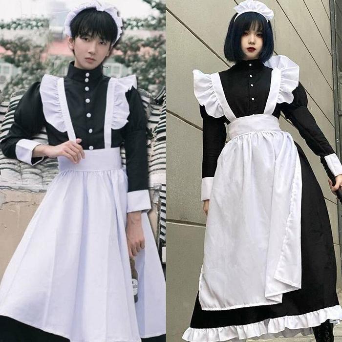 READY 【WETROSE】PRIA WANITA MEMAKAI COSPLAY LUCU JEPANG LOLITA ANIME PEMBANTU LOLI HITAM PANJANG GAUN
