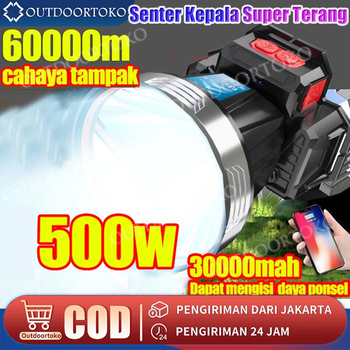 Senter Kepala 500 Watt/LED Senter Super Terang Lampu Depan Super Terang Luar Ruangan Senter Super Te