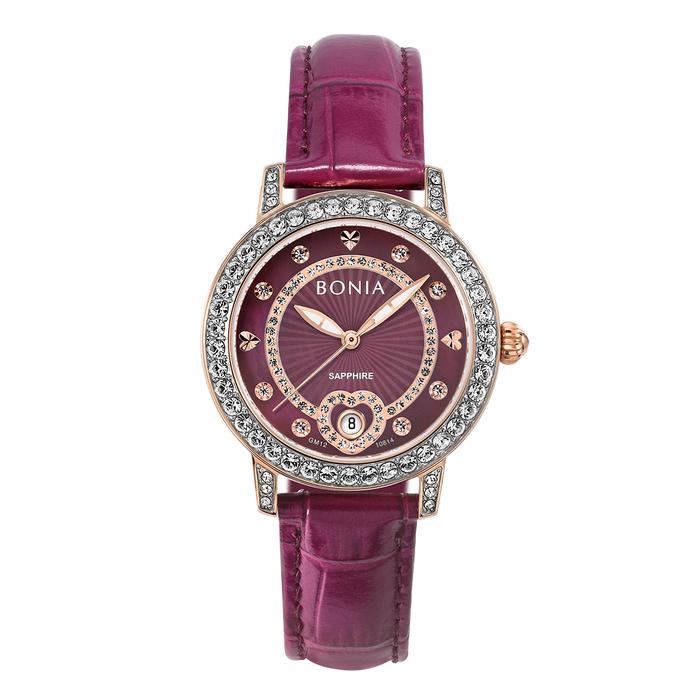 Jam Tangan Wanita Bonia Elegance Purple Dial Leather Strap Analog B10814-2567S Original