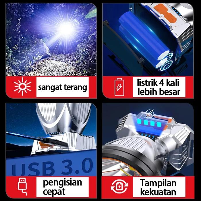 Senter Kepala 500 WATT / Senter Kepala Led Usb Super Terang Batrai Litihum Headlamp Berkemah Outdoor