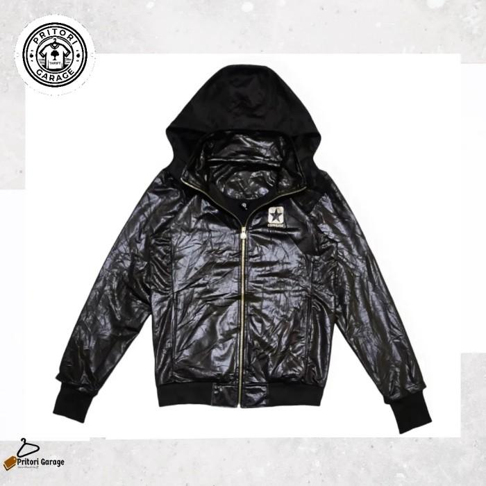 Baseball Bomber Varsity Faux Leather Hoodie Jacket Converse Black Color Vintage S