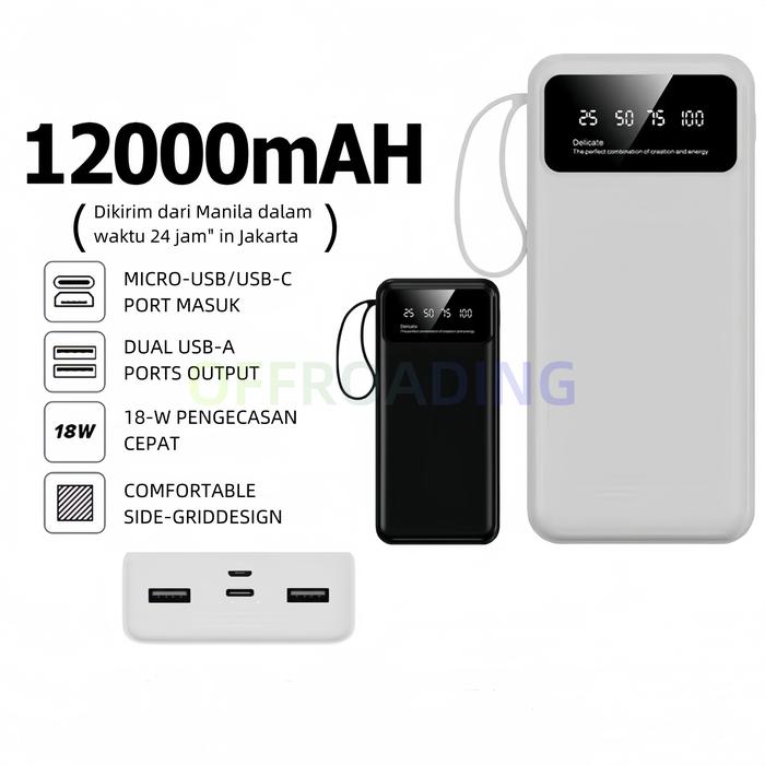 Power Bank Original Asli 12000mah Fast Charging Tampilan Digital Dilengkapi Dengan Senter Powerbank