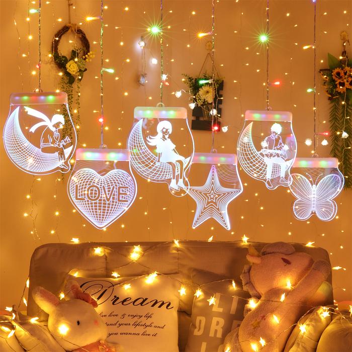 Lampu Tirai Panjang Bintang Bulan Hias untuk Kamar Tidur Dekorasi Natal Party kelap kelip