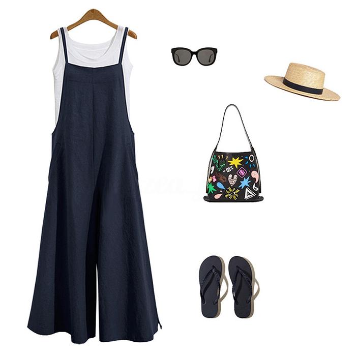 Women Straps Jumpsuit Summer Solid Color Wide Leg Pants Dungaree Bib Overalls Casual Loose Sleeveles