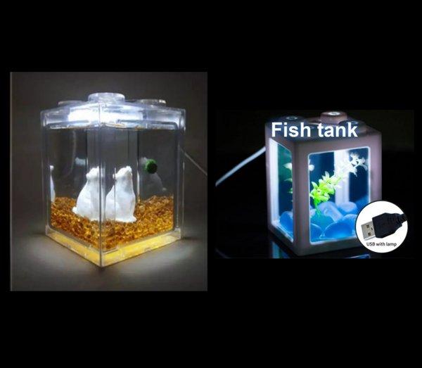 mini aquarium susun kecil ikan cupang hias piranha tangki reptil hamster akuarium USB lampu LED - ma