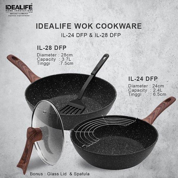 Idealife Deep Frypan 28cm - Glass Lid - Oil Rack - Spatula IL - 28 DFP
