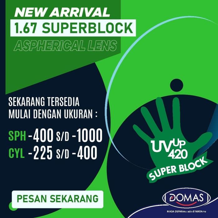 Lensa Domas Hi Index 1.67 Superblock UV420 Anti Blue Ray Lensa Tipis 40 Persen Lebih Tipis Coating H