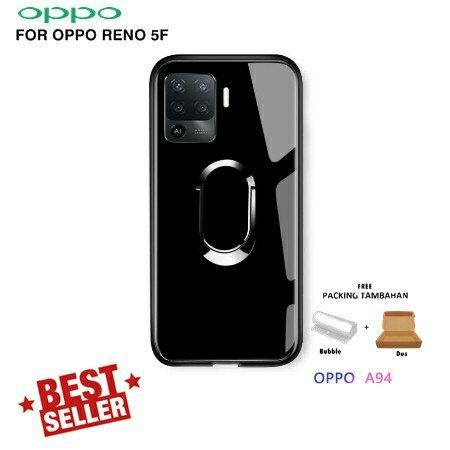 Original Hardcase Glass Tempered Back Cover Ring Holder Car Magnetik Casing Oppo Reno 5F 5f 2021 Har