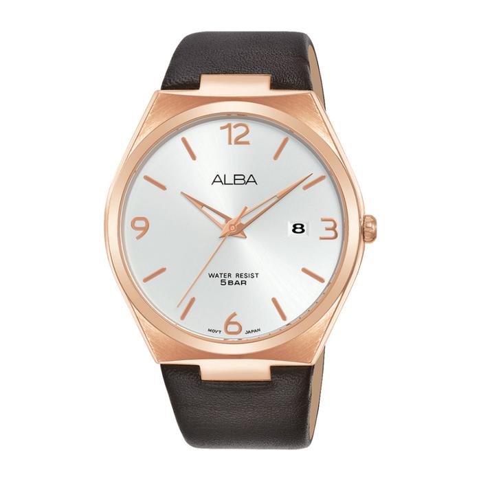 JAM TANGAN PRIA ALBA PRESTIGE AS9H88 AS9H88X1 ANALOG SILVER ROSEGOLD BROWN LEATHER STRAP