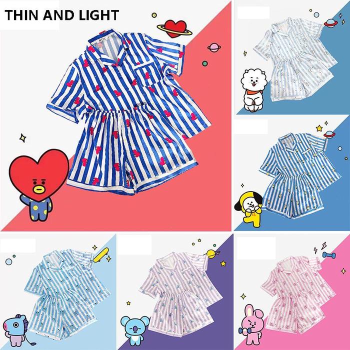 Kawaii Bt21 Pajamas 2Pcs Set Cute Cartoon Printed Lapel Short Sleeve Shorts Home Clothes Summer Ligh