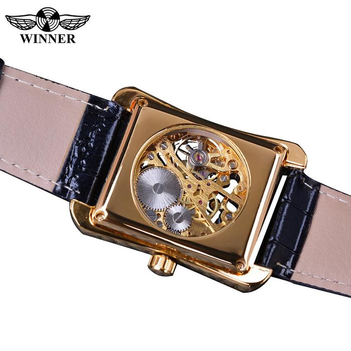 IMPORT Winner 2017 Retro Casual Series Rectangle Dial Design Golden Pattern Hollow Skeleton Watch Me